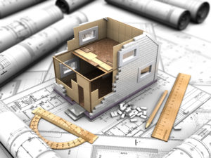 3d illustration of a two-story house plan and drawings