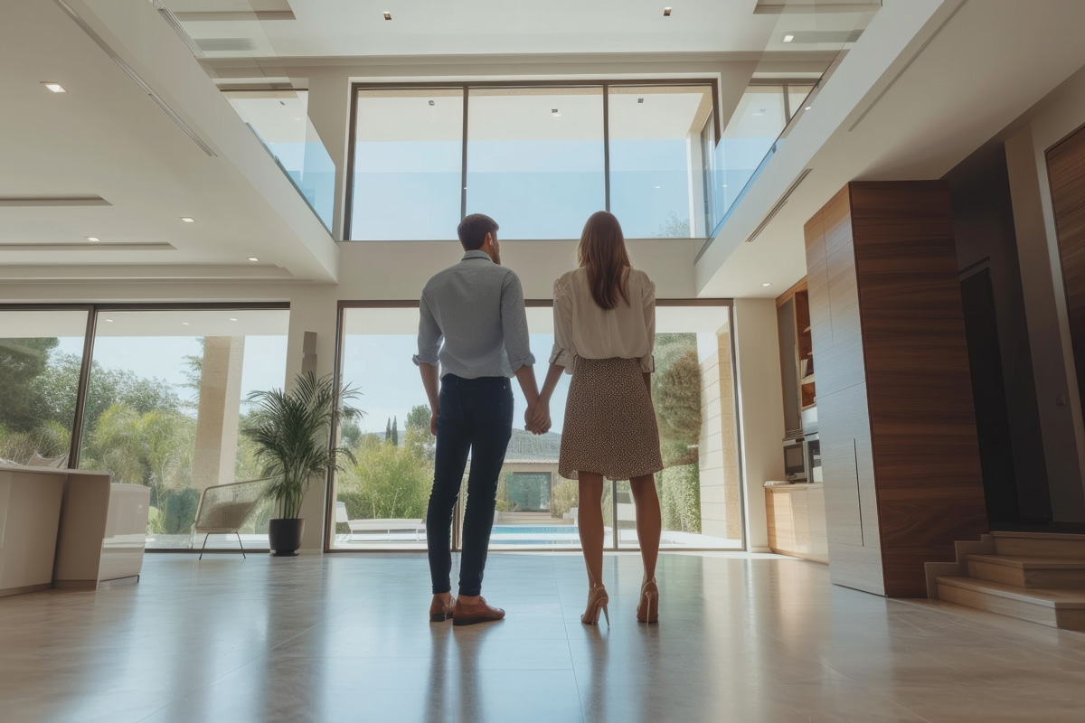 A couple holding hands in a model house in El Paso.